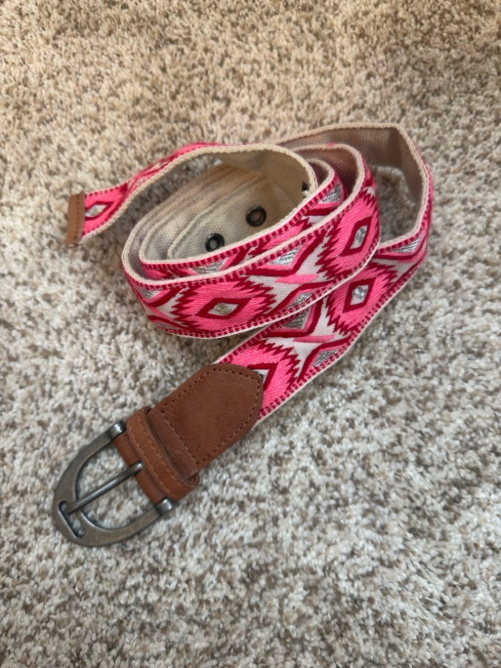 Free People Pink Aztec Embroidered Web Belt with Brown Leather Trim Size M/L